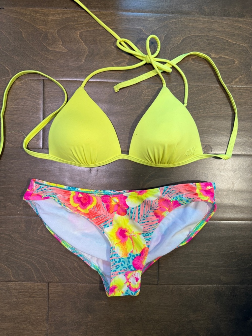 Neon Yellow Triangle Bikini Top with Floral Bottom